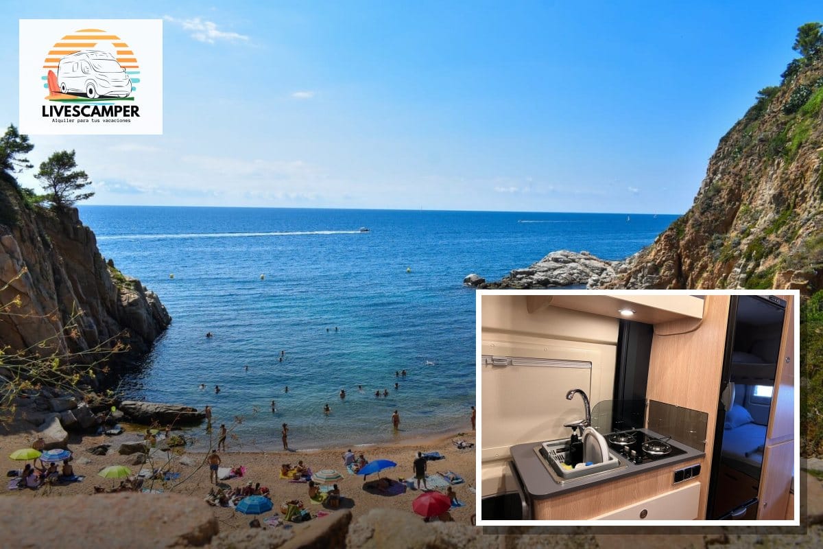 Cocina de la camper Giottivan 60B de LivesCamper y una cala de la Costa Brava