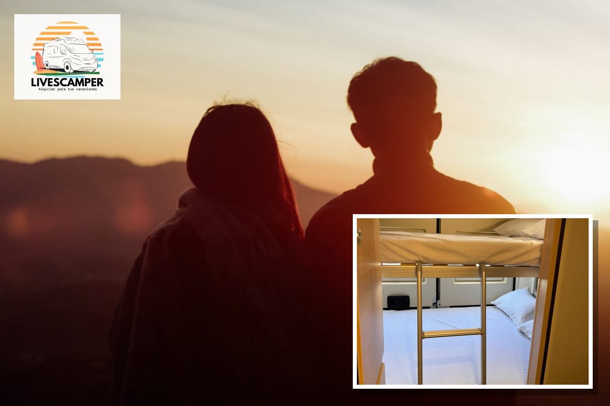 Pareja al atardecer y la cama de la camper Giottivan 60B de LivesCamper