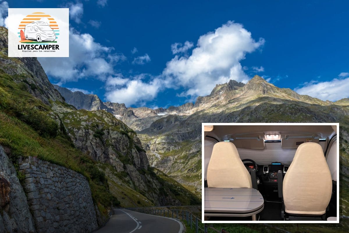 Cabina de la camper Giottivan 60B de LivesCamper y una carretera de montaña