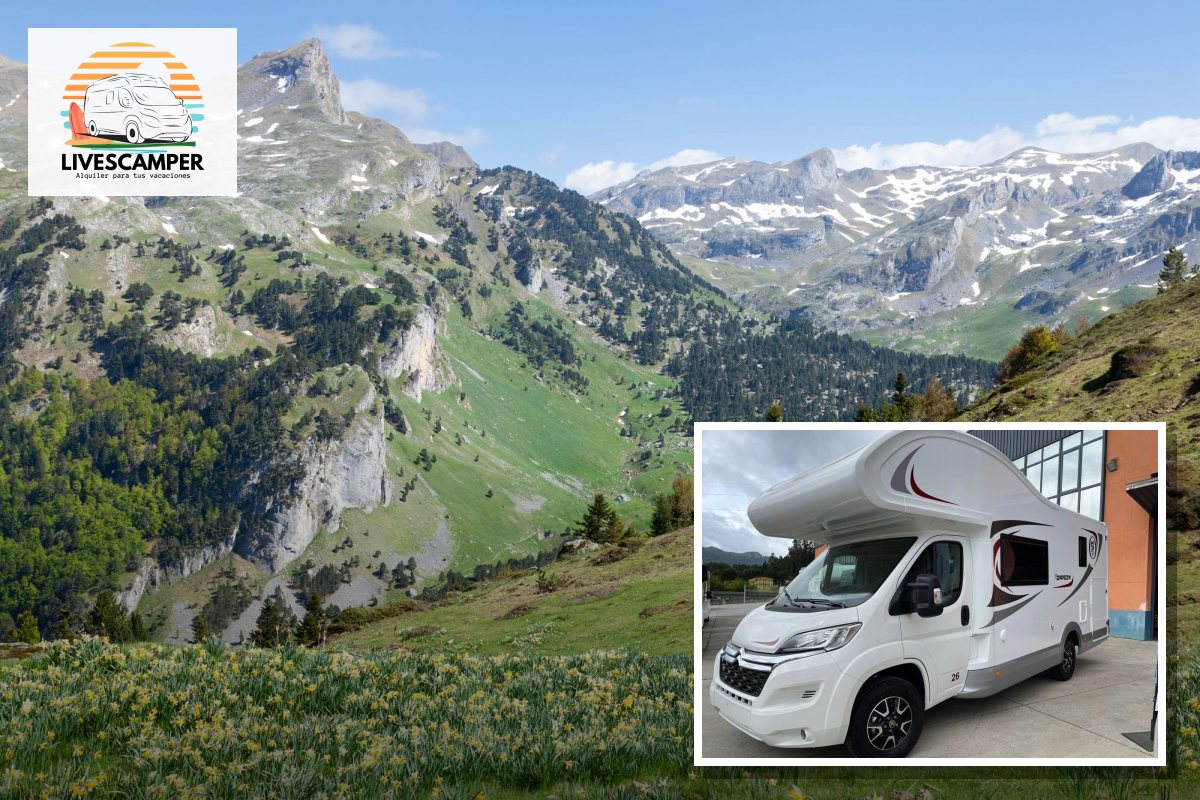 Autocaravana Elnagh Baron 26 de LivesCamper sobre un paisaje de prado y montañas