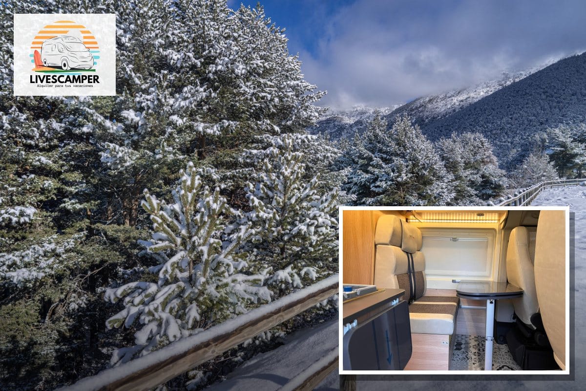 Salón interior de la camper Giottivan 60B de LivesCamper junto a un bosque nevado