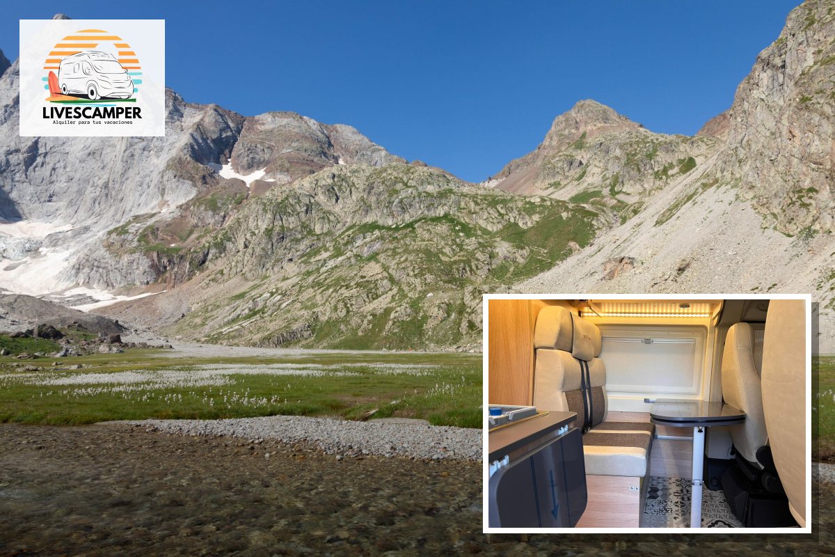 Salón con mesa y asientos de la camper Giottivan 60B de LivesCamper sobre un paisaje de montaña